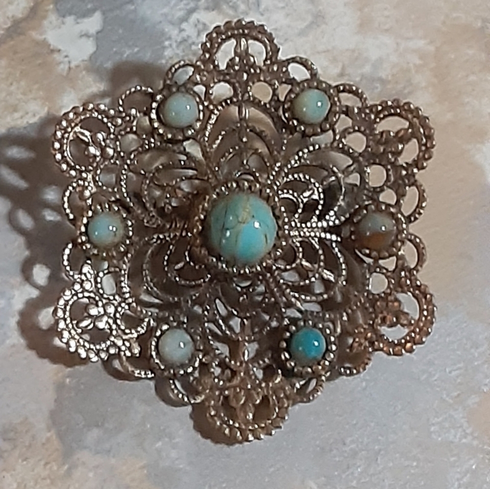 1930s Brass Filigree Turquise Brooch ~ 1.5" Germany